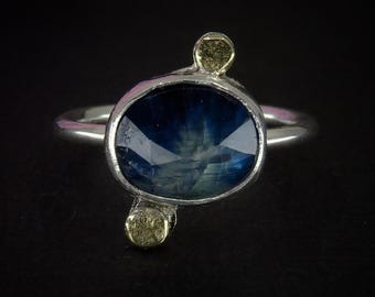Rose Cut Kyanite Ring - Size 5 - Sterling Silver & Brass - Blue Kyanite Mixed Metal Jewellery