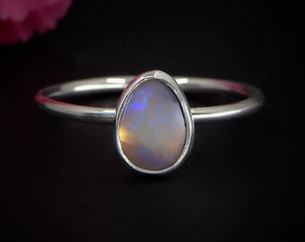 Australian Crystal Opal Ring - Size 9 - Sterling Silver - Solid Lightning Ridge Opal Jewellery - Dainty Purple Opal Stacking Ring