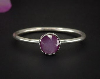 Rose Cut Ruby Ring - Made to Order - Sterling Silver - Faceted Ruby Stacking Ring, Dainty Ruby Stackable Ring, Pink Natural Ruby Stack Ring