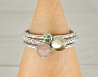 The Demeter Ring Stack of Abundance - Sterling Silver - Made to Order Stacking Rings - Citrine Ring, Peridot Ring, Peach Moonstone Ring