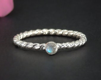 Dainty Moonstone Twist Ring - Made to Order - Sterling Silver - Little Moonstone Stacking Ring - Stackable Moonstone - Moonstone Stack Ring