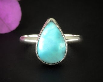 Larimar Ring - Size 7 1/2 - Sterling Silver - Sky Blue Larimar Jewelry - Teardrop Larimar Jewellery - High Grade Larimar Statement Ring