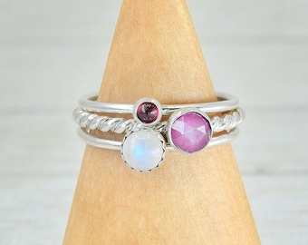 The Hathor Ring Stack of Passion & Sensuality - Sterling Silver, Made to Order Stacking Rings, Dainty Ruby Ring, Garnet Ring, Moonstone Ring