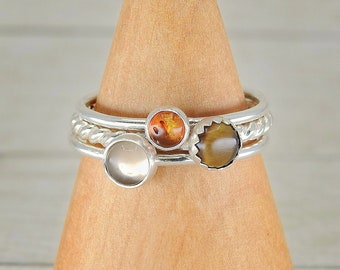 The Brynhildr Ring Stack of Protection - Sterling Silver - Made to Order Stacking Rings - Amber Ring, Smoky Quartz Ring, Tigers Eye Ring