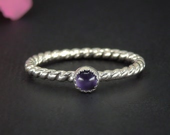 Iolite Twist Ring - Made to Order - Sterling Silver - Dainty Iolite Stacking Ring - Stackable Iolite Ring, Little Purple Gemstone Stack Ring