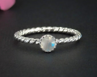 Moonstone Twist Ring - Made to Order - Sterling Silver - Dainty Moonstone Stack Ring - Stackable Moonstone Ring - Blue Moonstone Stack Ring