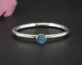 Blue Australian Opal Ring - Made to Order - Sterling Silver - Dainty Opal Stacking Ring - Stackable Blue Opal Ring - Coober Pedy Opal Stack