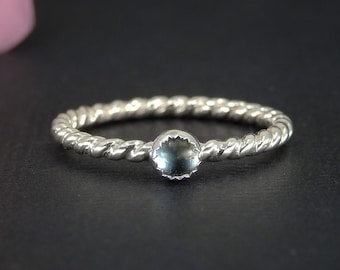 Aquamarine Twist Ring - Made to Order - Sterling Silver - Dainty Aquamarine Stacking Ring - March Birthstone, Blue Aquamarine Stackable Ring