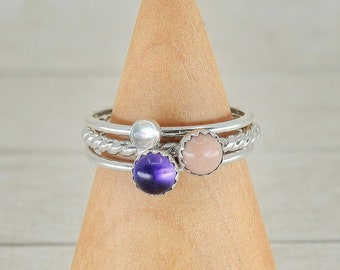 The Njörun Ring Stack of Sleep & Dreams - Sterling Silver - Made to Order Stacking Rings - Amethyst Ring, Pink Opal Ring, Moonstone Ring