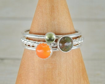 The Iðunn Ring Stack of Friendship - Sterling Silver - Made to Order Stacking Rings - Peridot Ring, Unakite Ring, Carnelian Ring Stackable