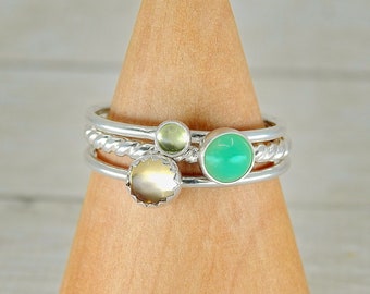 The Brighid Ring Stack of Healing - Sterling Silver - Made to Order Stacking Rings, Peridot Ring, Chrysoprase Ring, Citrine Ring, Stack Ring