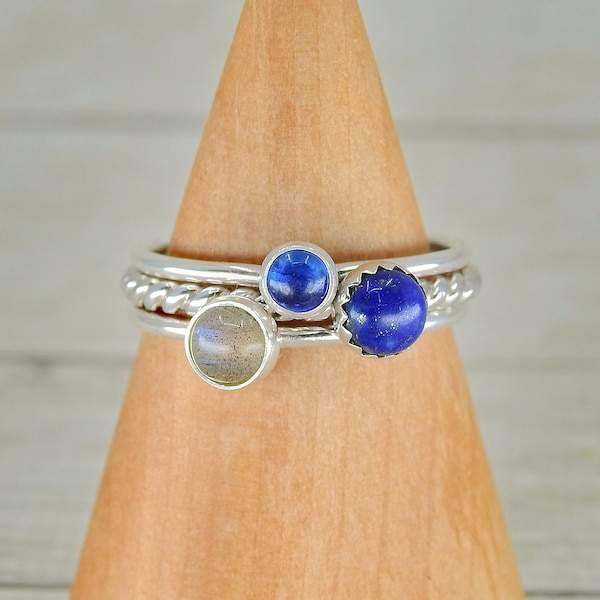 The Athena Ring Stack of Wisdom - Sterling Silver - Made to Order Stacking Rings - Kyanite Ring, Lapis Lazuli Ring, Labradorite Ring