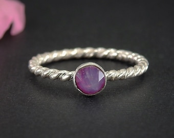 Rose Cut Ruby Twist Ring - Made to Order - Sterling Silver - Faceted Ruby Stacking Ring, Dainty Ruby Stackable Ring, Natural Ruby Stack Ring