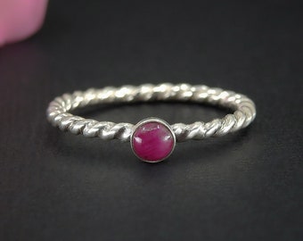 Dainty Ruby Twist Ring - Made to Order - Sterling Silver - Australian Ruby Stacking Ring - Natural Ruby Stackable Ring, Pink Ruby Stack Ring