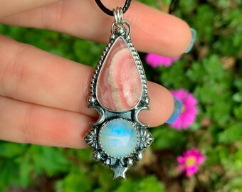 Rhodochrosite & Moonstone Pendant - Sterling Silver - Crescent Moon Celestial Jewellery