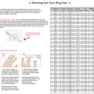 May include: A chart showing different ring sizes in millimeters, inches, and US, UK, and Australian sizes. The chart also includes Gem & Tonik ring sizes. The chart is accompanied by instructions on how to measure your ring size using a piece of paper and a ruler.