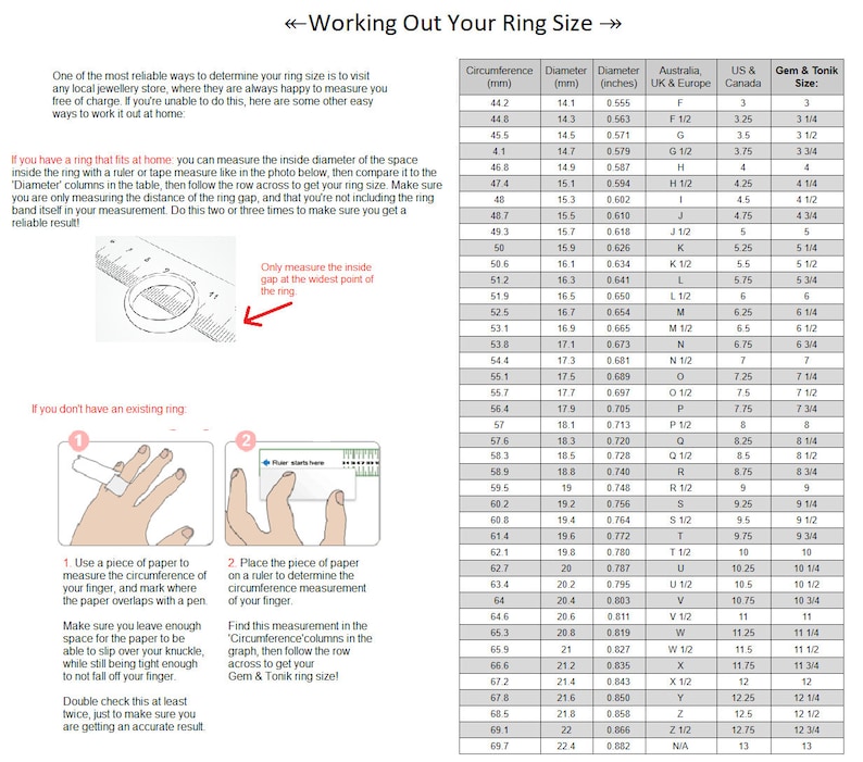 May include: A chart showing different ring sizes in millimeters, inches, and US, UK, and Australian sizes. The chart also includes Gem & Tonik ring sizes. The chart is accompanied by instructions on how to measure your ring size using a piece of paper and a ruler.