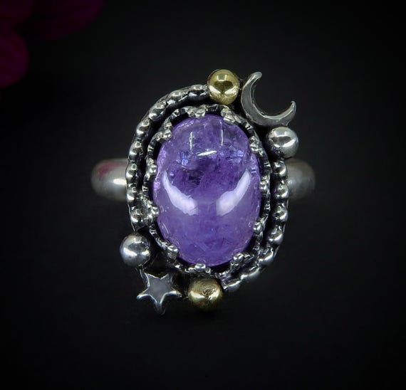 Tanzanite Sterling Silver Ring: Celestial Star Moon, Size 1/4