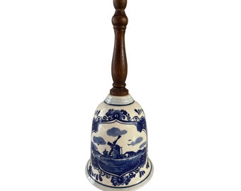 vintage Delft Blue Porcelain 8 » Bell Poignée en bois Moulin à vent Design Holland