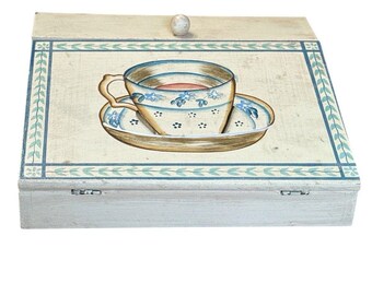 Vintage Wood Lap desk Hinged Storage Box Hand Painted Cottagecore Tea Cup