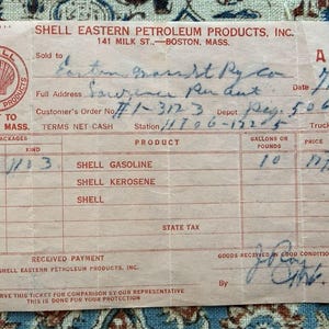 May include: Vintage Shell Eastern Petroleum Products, Inc. receipt from 193. The receipt is pink with handwritten details, including the Shell logo, customer information, and gasoline purchase of 10 gallons for $1.73.
