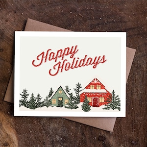 Joyeuses fêtes ou joyeux Noël avec maisons, cartes de vœux vintage, cartes de vœux élégantes, cartes de Noël simples