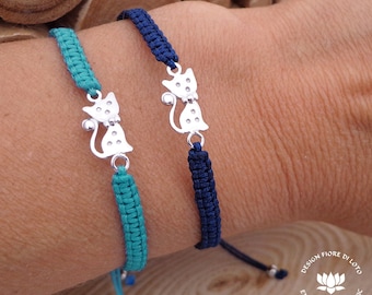 Macrame Cat Charm Bracelet: Sterling Silver Kitty Jewelry