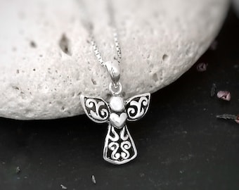 Angel necklace in sterling silver, Guardian angel charm for women, Friendship jewellery, Angel pendant with heart, Gift for girlfriend