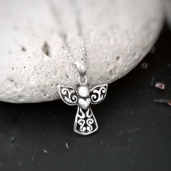 Angel necklace in sterling silver, Guardian angel charm for women, Friendship jewellery, Angel pendant with heart, Gift for girlfriend