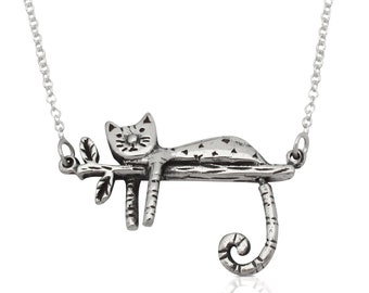 Cat on branch necklace with moving tail in sterling silver, Cat nap charm necklace for cat mums, Cat lover jewellery, Women necklace gift