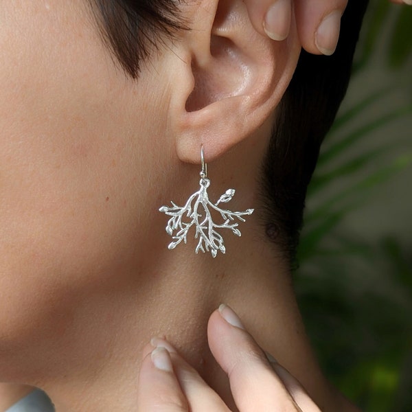 Statement Gorgonian Branch dangle earrings Sterling silver, Elegant Lightweight Silver drop coral earrings, Ocean inspired jewelry for her