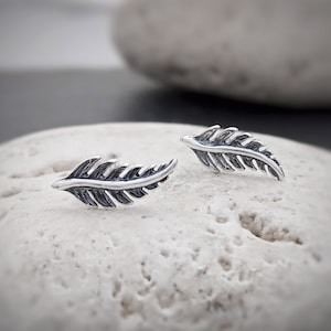 Op de afbeelding: Een paar zilveren veren oorbel studs. De oorbellen zijn klein en delicaat, met een eenvoudig ontwerp. Ze zijn perfect voor dagelijks gebruik.