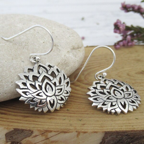 Detailed Lotus Flower Dangle Earrings in sterling silver, Yoga Ear jewellery gift, Round Flower women earrings, New beginning jewelry gift