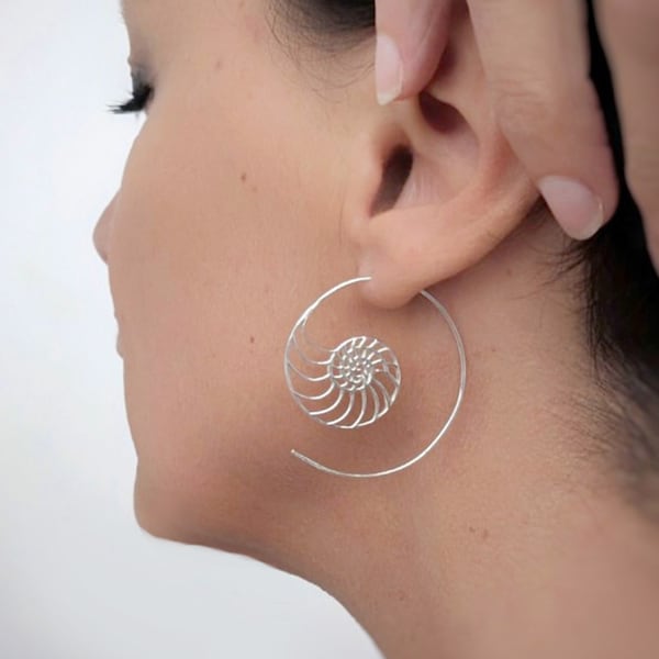 Ammonite shell spiral earrings in sterling silver, Lightweight nautilus fibonacci women earrings, Sacred geometry nature inspired jewelry