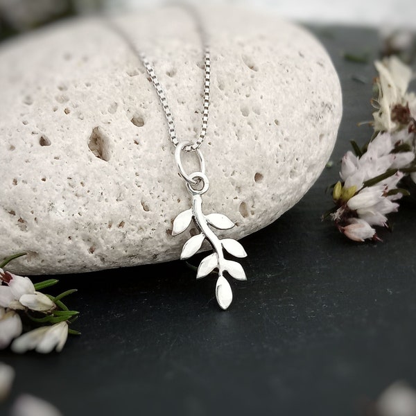 Delicate Olive leaf branch pendant in sterling silver, Small olive leaf charm necklace, Nature inspired women jewelry, Botanical jewelry