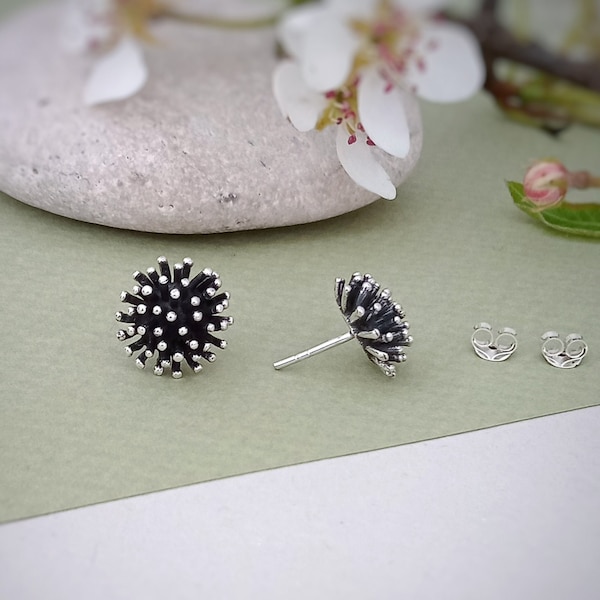 Spiky Sea Urchin stud earrings in sterling silver, Ocean Beach Sea lover jewellery gift, Sea creature earrings, Nautical studs