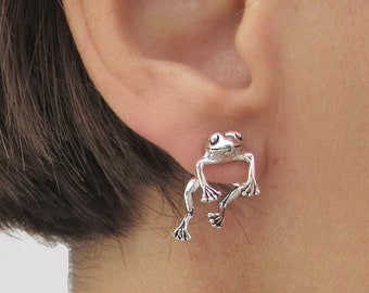 Front back Frog Earrings in sterling silver, Unusual Frog Ear jacket, Two piece Earrings, 2 side hanging Toad studs, Frog lover jewelry