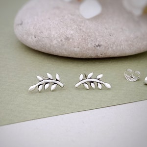 May include: A pair of silver-colored leaf-shaped stud earrings. Each earring features a detailed design of leaves along a curved stem. The earrings are displayed on a light green surface, with a blurred background.