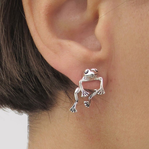 Front back Frog Earrings in sterling silver, Unusual Frog Ear jacket, Two piece Earrings, 2 side hanging Toad studs, Frog lover jewelry