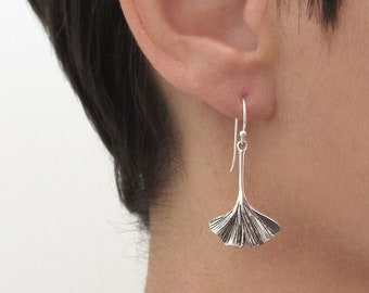 Ginkgo leaf dangle earrings in sterling silver, Japanese leaf jewelry, Long drop botanical women earrings, Nature lover earrings