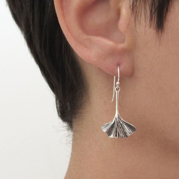 Ginkgo leaf dangle earrings in sterling silver, Japanese leaf jewelry, Long drop botanical women earrings, Nature lover earrings