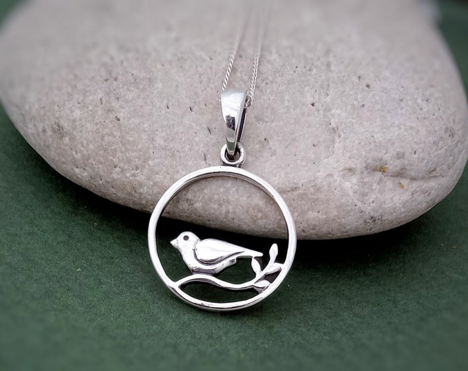 Vogel auf Ast rund Anhänger Halskette in Sterling Silber, Natur inspiriert Schmuck Geschenk für Frauen, Vogelbeobachter Halskette, Frühling Schmuck