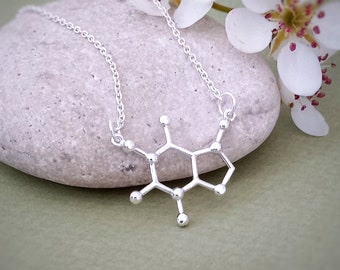 Collier à breloques molécule de caféine en argent sterling, cadeau bijoux pour amateur de café, accro à la caféine, bijoux molécule de science, collier de chimiste