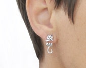 Silver Cat studs Cat Earrings Double sided stud earrings Cat Ear Jacket Cat jewelry Cat Mum gift Front back earrings Two piece cat studs