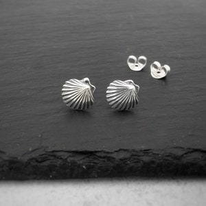 Pendientes pequeños de concha de almeja, delicados pendientes de vieira para ella, pendientes de concha de ostra, joyas náuticas clásicas de vida marina