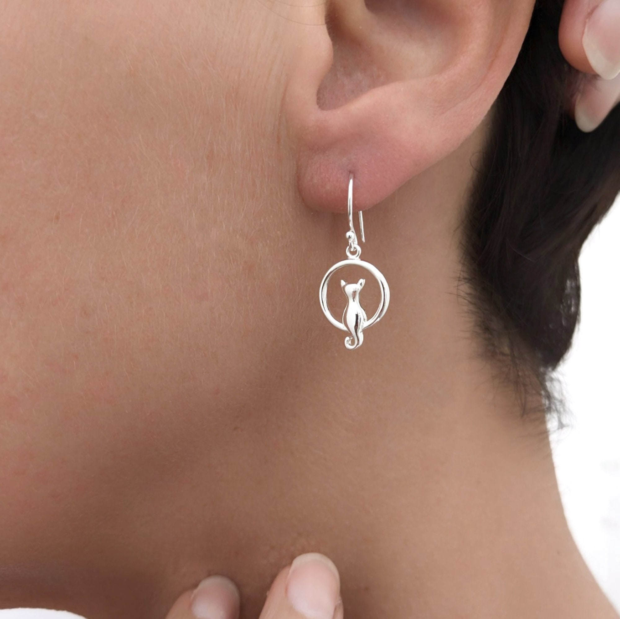 Boucles D'oreilles Argent Goutte - Chat Lune - Bijou Animal - Coffret Cadeau