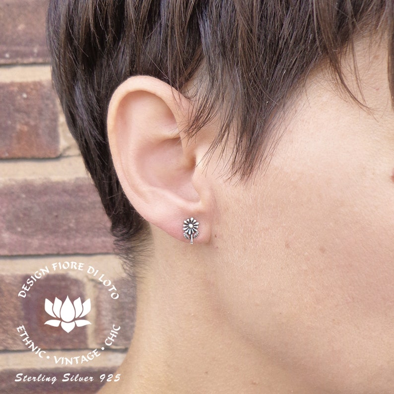 Sterling Silver Sunflower Stud Earrings Sunflower With Stem Etsy