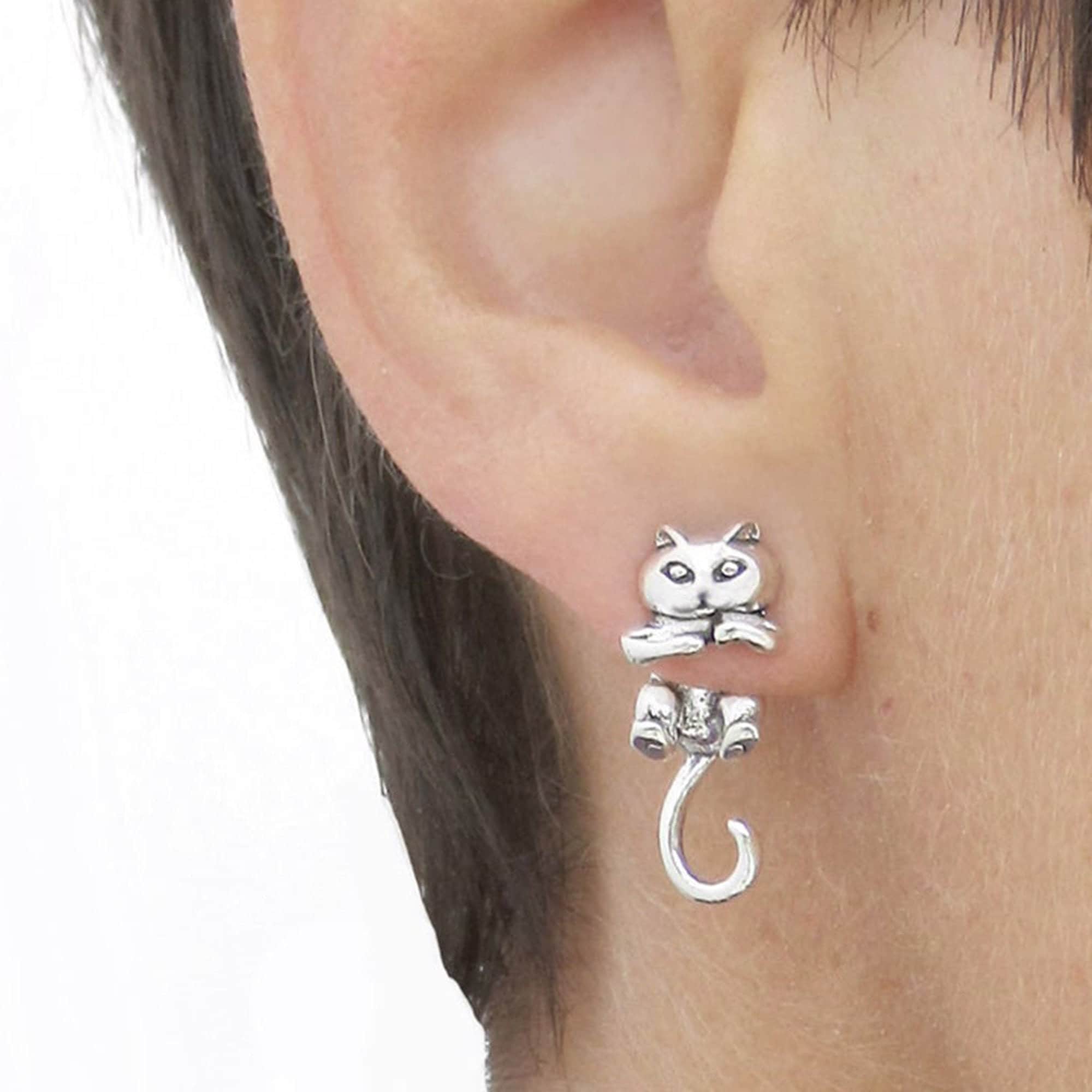 Sterling silver 3D Cat front back earrings, Unusual 2 piece Ear Jacke…