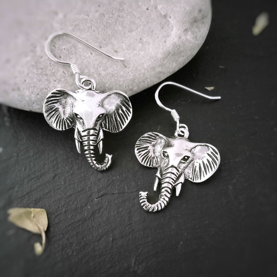 Silver Elephant Head bungelen oorbellen - Etsy