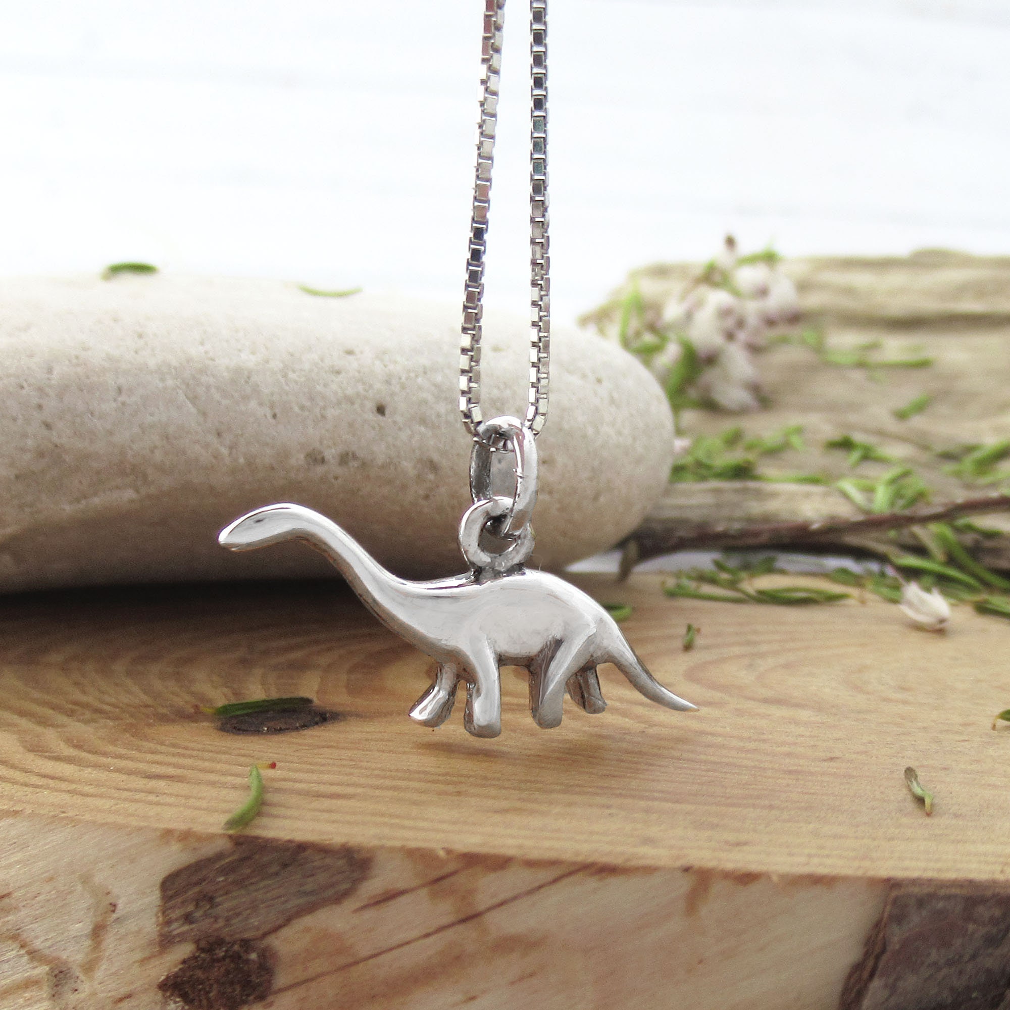 Dainty Brontosaurus Necklace, Sterling Silver 3D Dinosaur